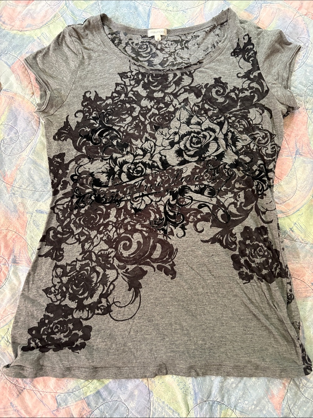 Maurices Gray Tee with Black Floral Graphic- medium